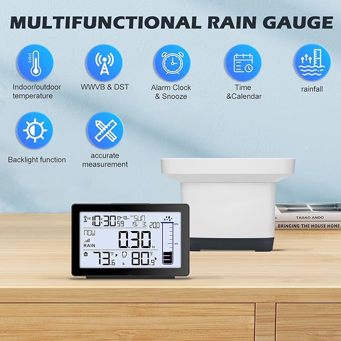 Digital Rain Gauge Outdoor with Thermometer, Self-Emptying Wireless Rain Gauges Outdoors Best Rated, Freeze Proof Automatic Rain Measure Gauge for Yard, High Precision Electronic Rain Collector