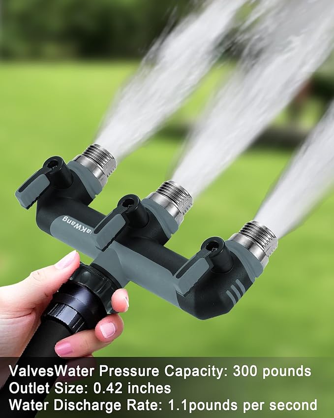 Garden Hose Splitter, 3 Way Hose Splitter, Heavy Duty Water Hose Bib Spigot Splitter, Outdoor Faucet Splitter with Shutoff Valve, T Adapter Connector with 3/4 - Inch GHT Thread (Grey)