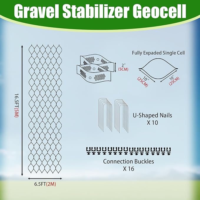 2" Thick Gravel Ground Grid 6.5ft x 16.5ft - Geo Grid Driveway Stabilization Grids, Gravel Retainer Grid 1885 LBS Per Sq ft, Geocell Geogrid for Walkway Driving RV Parking Slopes and Garden