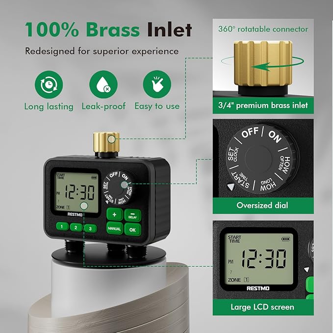 RESTMO Sprinkler Timer for Outdoor Hose Faucet 3 Zone, Up to 11h59m Programmable Watering Timer for Soaker Hose, Misting with Brass Inlet & Large Dial, Rain Delay/Manual/Automatic Irrigation System