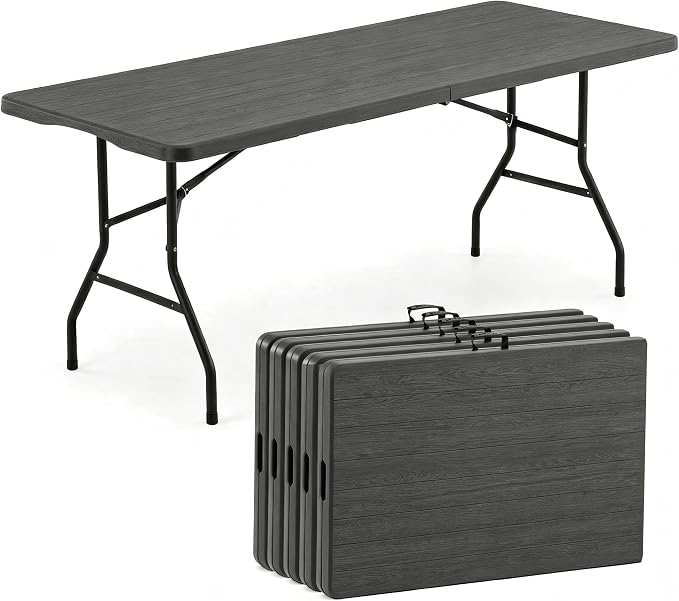 5 Pack of 6 Foot Foldable Table with Built in Handle & Steel Legs, 6FT Portable Heavy Duty Plastic Folding Tables for Parties, Dining, Wedding, Events, Picnic, Indoor & Outdoor, Camping, Utility