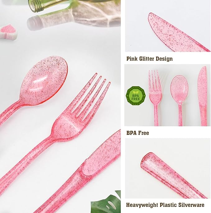 100 Pcs Pink Plastic Forks, Pink Plastic Silverware, Heavy Duty Plastic Cutlery Set Disposable Utensils Sets for Brithday, Wedding, Baby Shower, Bridal Shower