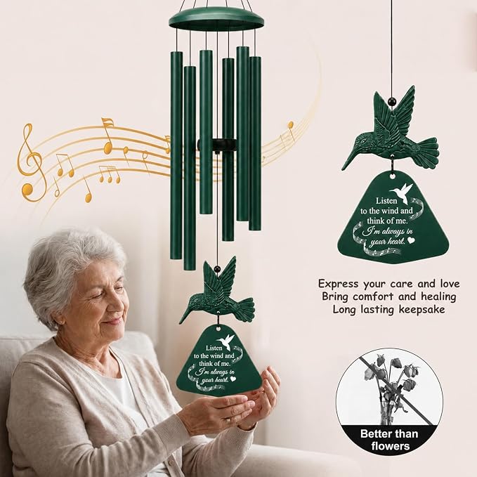 36" Memorial Wind Chimes for Outside, Sympathy Gift for Loss of Loved One, Hummingbird Wind Chime for Mom Dad, Bereavement Remembrance Funeral Condolence Gift（Forest Green）