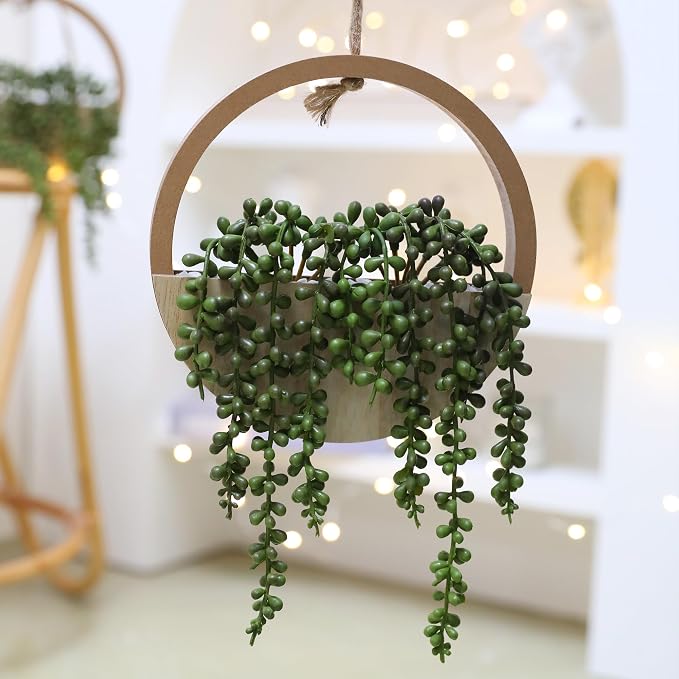 Floweroyal 2pcs Artificial Succulents Hanging Plants 20.1'' Fake String of Pearls in Pot with 9.4'' Lanyard for Indoor Outdoor Wall Decor（Wood Color）