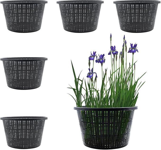 SnowTing 6 PCS 8.3'' Round Hydroponic Baskets, Large Black Plastic Aquatic Plant Mesh Net Pot, Pond Slotted Baskets Hydroponic Pots for Indoor & Outdoor Growing Nursery, Garden and Pond Plants