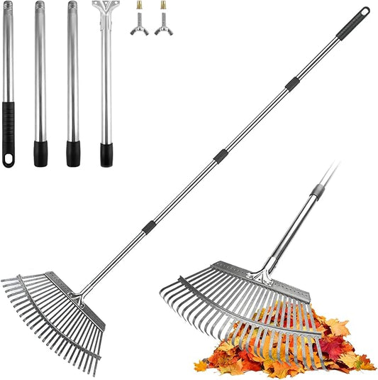 ARTIPOLY Adjustable Leaf Rake, 18-Inch Wide Heavy Duty Garden Rake with 62-Inch Long Handle, Large Metal Leaf Rake for Lawn Yard Grass, Flower Beds, Outdoor Use, Rastrillo para Jardin
