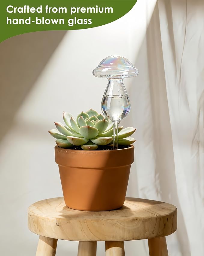 ZhenD Iridescent Self-Watering Plant Mushroom, Glass Self Watering Globe Planter Insert for Indoor and Outdoor, Automatic Plant Waterer, Hand-Blown Premium Glass – 2 Pack