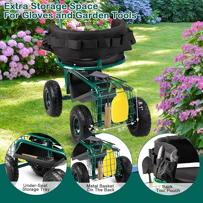 Outvita Garden Cart, Outdoor Rolling Garden Scooter W/Adjustable 360 Degree Swivel Seat, Extendable Handle, Tool Tray & Storage Basket, Gardening Stool for Planting(Green)