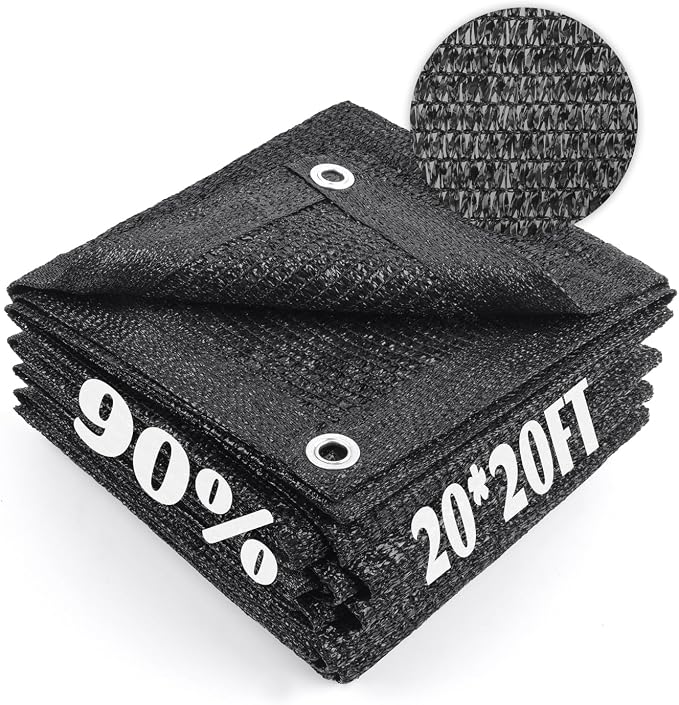 Cool Area 90% Sun Shade Cloth Mesh Tarp with Grommets for Plant Cover 20x20ft Patio Canopy Garden Pergola Greenhouse Car Barn Kennel Black