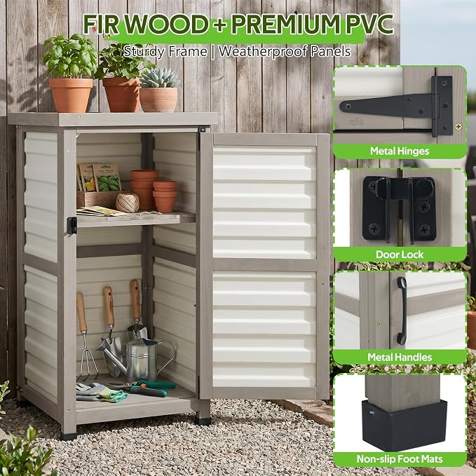 Small Outdoor Storage Cabinet with Metal Top, 2-Tier Patio Potting Bench & Garden Tool Organizer, Adjustable Shelf Corner Storage Cabinet for Balcony Backyard Porch