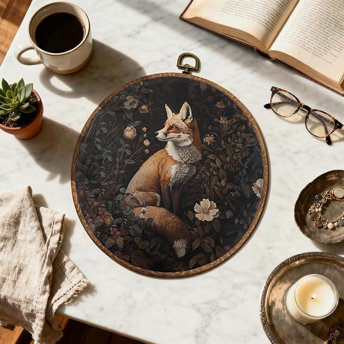 DOFQZ Vintage Boho Floral Fox Round Wall Art Decor, Mystical Forest Fox Botanical Framed Wall Art, Dark Cottagecore Wildlife Canvas Wall Hanging Decor for Home Bedroom Living Room, 10x10