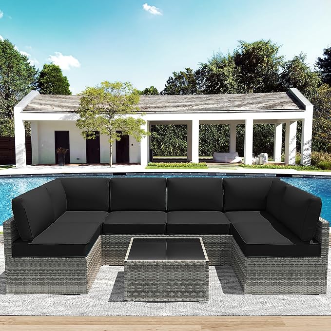 Outdoor Replacement Cushions for Patio Furniture,Water-Resistant Sofa Cushion for Rattan Wicker Sectional Patio Conversation Sets,14-Piece Outdoor Couch Cushion, Black