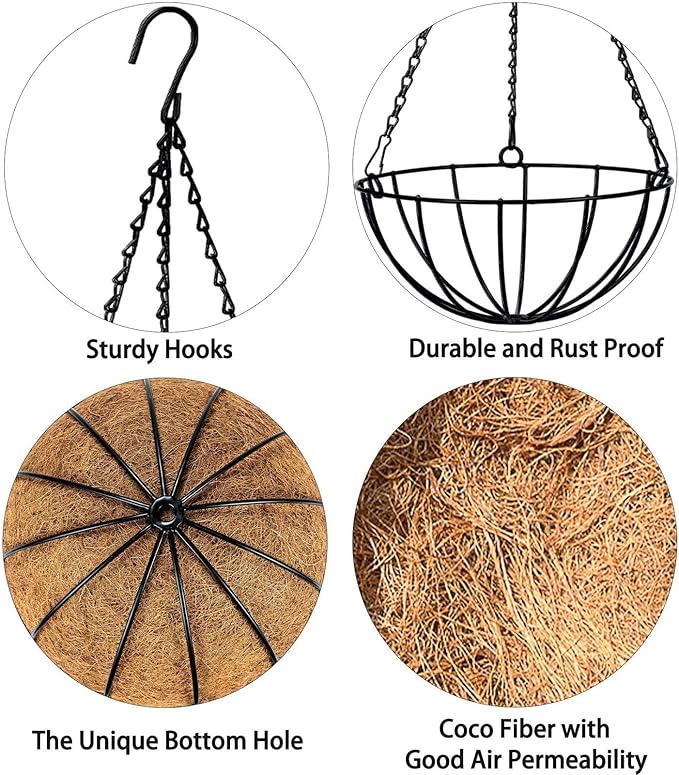 Kingbuy 12" Metal Hanging Basket for Herbs & Flowers – 6" Depth Rust-Resistant Wire with Coconut Liner & Adjustable Chains for Kitchen Window, Balcony & Garden - 2 Pack