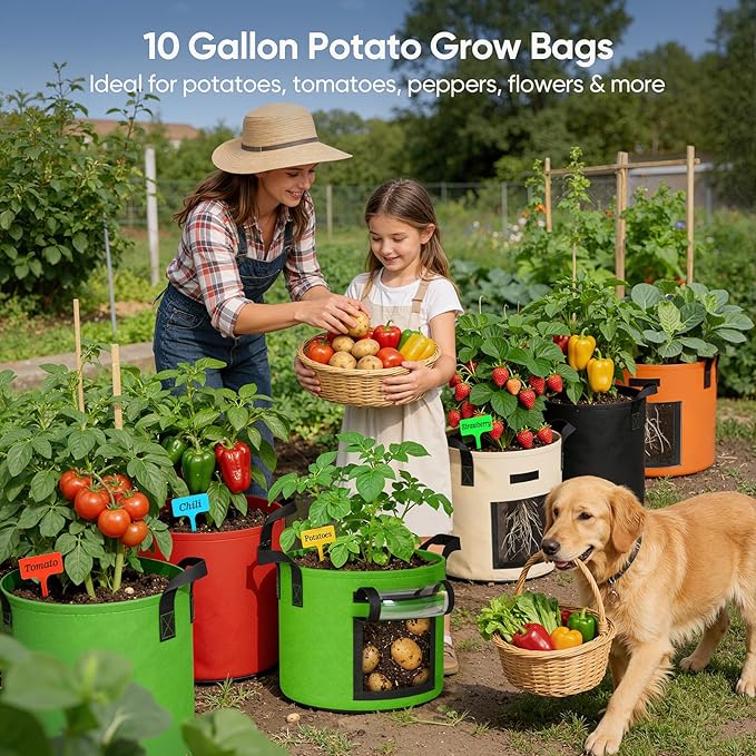 10 Gallon Potato Grow Bags: 5 Pack 350G Heavy Duty Thickened Grow Bags with Clear Harvest Window & Durable Handles - Felt Nonwoven Fabric Pots Planting Container for Plants Vegetable Flowers Herbs