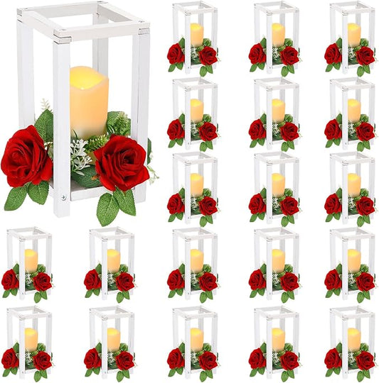 Hushee 60 Pcs Integrated Wedding Lantern Centerpiece Rustic Wooden Holder with Candles and Rings Farmhouse Candle Lantern Decor for Home Valentine Wedding Party Table Decor (White and Red)