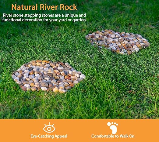 Stepping Stones Outdoor, 12 Inch Natural River Rock Garden Pavers, Set of 6 Round Pebble Stones for Walkway, Yard, Lawn, Patio, Pathway & Landscaping Decor (Hexagon)