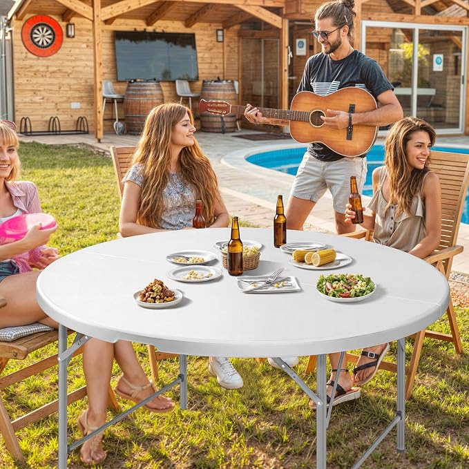 Magshion 53" Round Folding Table, 4.5 Feet Bi-Folding Plastic Commercial Dining Card Table w/Carrying Handle for Outdoor Wedding Party Event Picnic, White