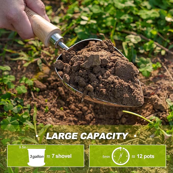 Berry&Bird Garden Oversized Soil Scoop, Stainless Steel Gardening Trowel with Wood Handle Multi Function Hand Shovel Spade Spoons for Transplanting, Planting & Cultivation