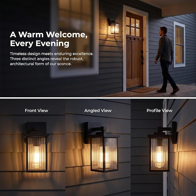 Matte Black Porch Light, Waterproof Outdoor Wall Light | Corrosion-Resistant Metal, Textured Glass Cuts Glare, Easy DIY Install on Porch, Garage