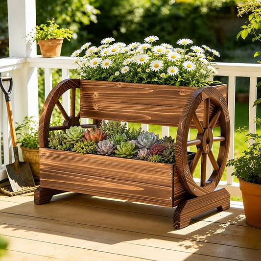 Extra Large Wooden Wagon Planter Box, 24" W 2-Tier Decorative Flower Cart with Wheels, Rustic Raised Garden Bed with Drainage Holes & Non-Woven Liner for Outdoor Plants, Flowers Herbs Vegetables