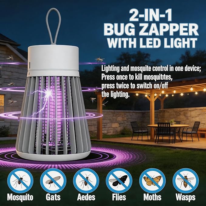 Bug Zapper Outdoor and Indoor Rechargeable 2 in 1 Wireless Mosquito Killer Lamp 1200mAh Electric Trap Ideal Bug Zapper Indoor for Patio, Home, Backyard, Yard, Garden, Campsite