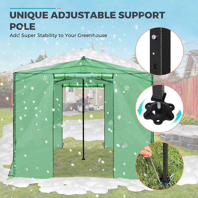 EAGLE PEAK 12x8 Portable Walk in Greenhouse, Pop Up Indoor Outdoor Greenhouse, Green House Kit with Zippered Roll-Up Doors, Windows + Support Pole, PE Cover, Clear/Green