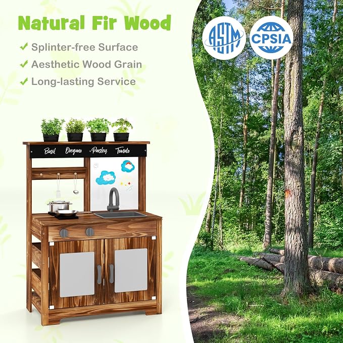 Costzon Mud Kitchen, Fir Wood Outdoor Play Kitchen with 4 Planting Pots, Faucet, Removable Sink, Stoves, Cooking Accessories, Kids Kitchen Playset for Backyard, Garden, Gift for Boys Girls 3+ (Brown)