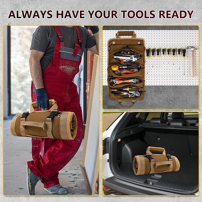 Tool Bag, Tool Bags for Men, Heavy Duty Tool Organizer, Portable Roll Up Tool Bag Gifts For Him, Mechanic, Electrician and Hobbyist, Car Tool Roll Organizer - Khaki