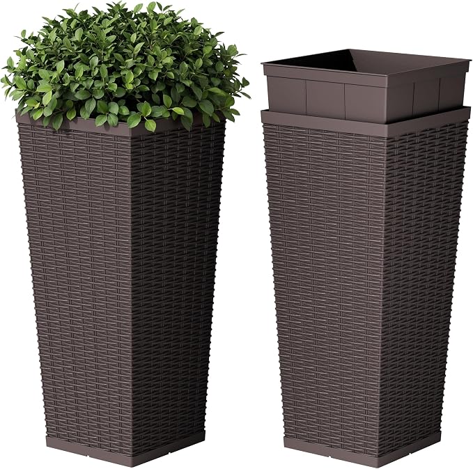 Devoko Resin Tall Planters for Outdoor Plants Set of 2, Large Taper Outdoor Planter Pots with 4 Drainage Holes, Flower Pots Modern Decor for Porch, Patio, Backyard, Home Garden (Brown, 30'')