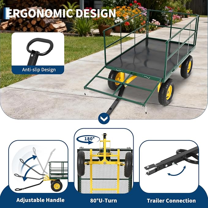 Garvee 1500 LB Garden Wagon Cart with 13 in All Terrain Tires, 3-in-1 Yard Wagon Cart with Removable Side Panels, Heavy Duty Outdoor Metal Utility Wagon Yard Trailer for Outdoor Lawn, Yard, Backyard