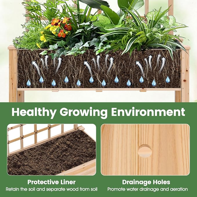 Giantex 65'' Wooden Raised Garden Bed w/Trellis on Wheels, Mobile Elevated Planter Box w/Legs, Liner & Drainage Holes for Climbing Plant Vegetable Herb Flower, Outdoor Garden Box, Backyard Balcony