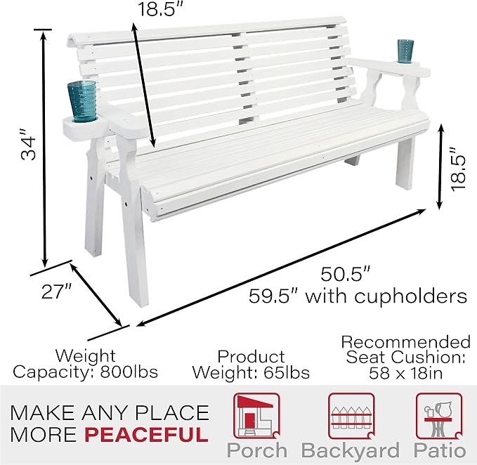 Amish Casual Heavy Duty Pressure Treated 4 Foot Outdoor Garden Bench with Cup Holders - Amish Crafted Roll Back Design in White Stain, 700 Lb Weight Capacity
