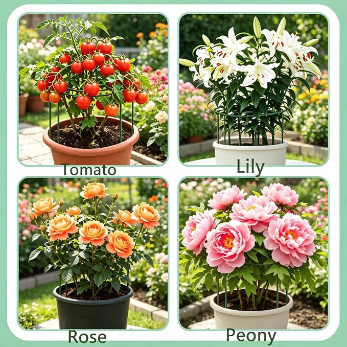 DAYUMKOU 4 Pack Peonies Cages and Supports, 11.5" Wide x 16" High Plant Support Stakes, 4 Legs Plant Cages & Supports with Removable Grid for Peonies Roses Tomato Hydrangea Strawberry