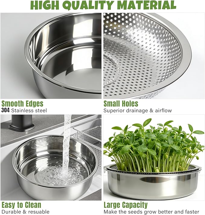 2 Pack 304 Stainless Steel Round Seed Sprouter Trays, 2-Tier Soil-Free Microgreens Growing Kit, Rust-Free Sprouting Tray with Cover Lids & Mesh Pads for Sprouts Beans Alfalfa Wheatgrass