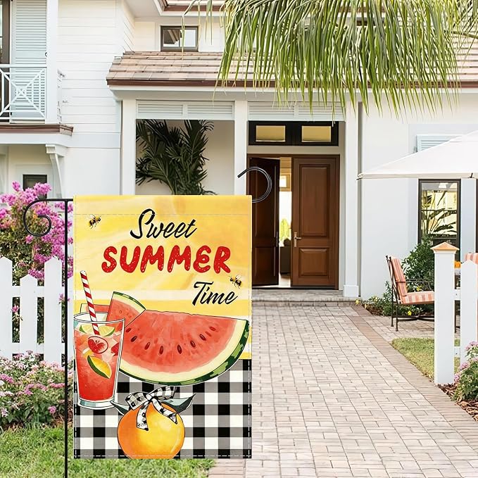 Sweet Summer Time Garden Flag, Buffalo Plaid Check Lemon House Yard Watermelon Bee Lemonade Outside Decoration, Seasonal Farmhouse Outdoor Small Burlap Decor Double Sided 12x18 Farmhouse Outdoor Yard Decoration
