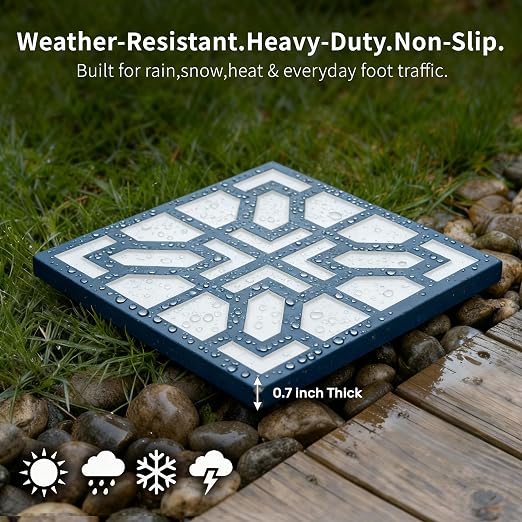 2 Pack Square Stepping Stones, 10” Cement Garden Path Stones in Moroccan Tile Design, Modern Geometric Outdoor Patio Decor, Weather-Resistant (Midnight Indigo)