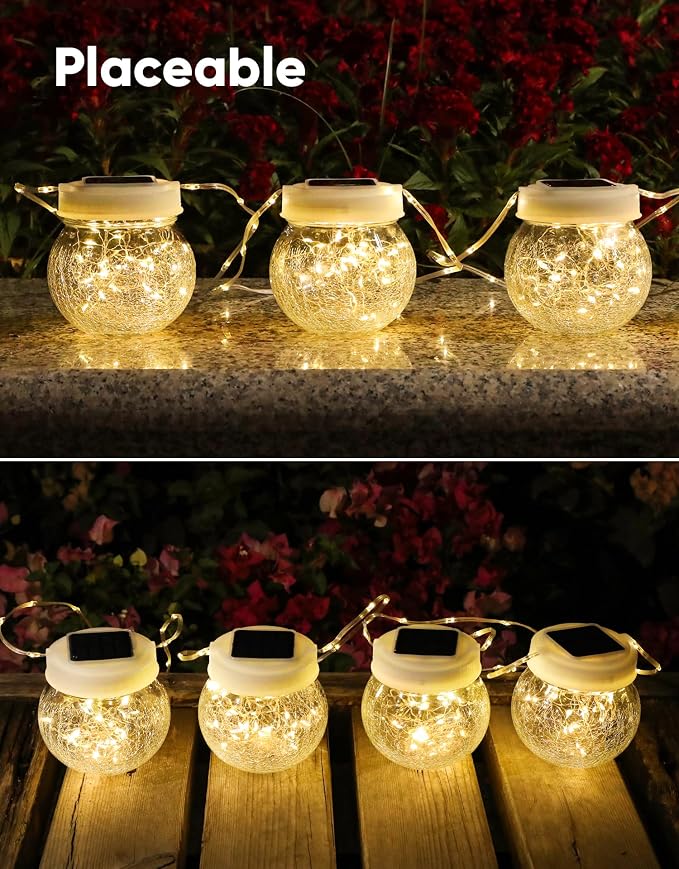 Solar Lantern Solar Lights Outdoor Waterproof 6-Pack, Solar Powered Hanging Lights Cracked Glass Hanging Globes for Christmas Decoration, Shepherd Hook, Garden Tree Ornaments, White Cap, Warm White