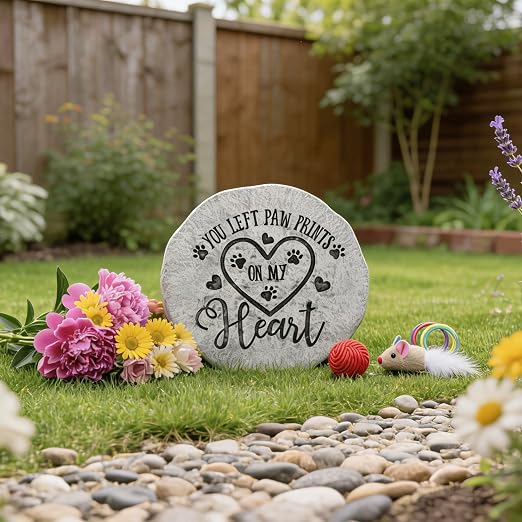 Landoraloria Pet Memorial Stone, 10” Cement Heart Stepping Stone, Outdoor Garden Remembrance Stone for Loss of Dog or Cat – “You Left Paw Prints on My Heart”