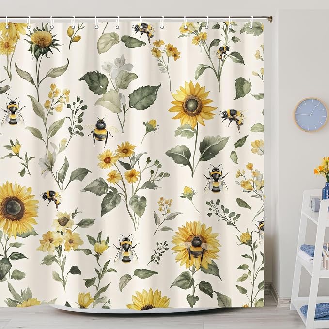 Rustic Boho Sunflowers Bee Shower Curtain, Vintage Chic Country Floral Botanical Floral Plant Farmhouse Cottagecore Aesthetic Shower Curtain Set with Hook, Beige Yellow Bath Curtain 72X84 Inch