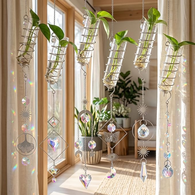 H&D HYALINE & DORA 6 Pcs Hanging Glass Propagation Stations with Crystal Suncatchers Glass Wall Planters for Indoor Plants Hydroponics Mini Test Tube Flower Vase with Metal Chain for Home Decor