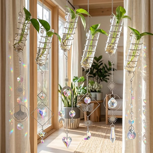 H&D HYALINE & DORA 6 Pcs Hanging Glass Propagation Stations with Crystal Suncatchers Glass Wall Planters for Indoor Plants Hydroponics Mini Test Tube Flower Vase with Metal Chain for Home Decor