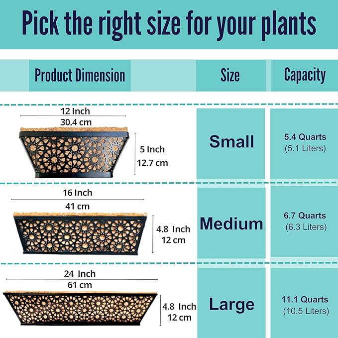 LaLaGreen Window Planter Boxes for Outdoor Plants (16 Inch, 4 Pack) Black Metal Wall Hanging Planters Deck Railing Flower Box with Coco Liners, Unique Horse Troughs Balcony Pots Patio Porch Over Rail