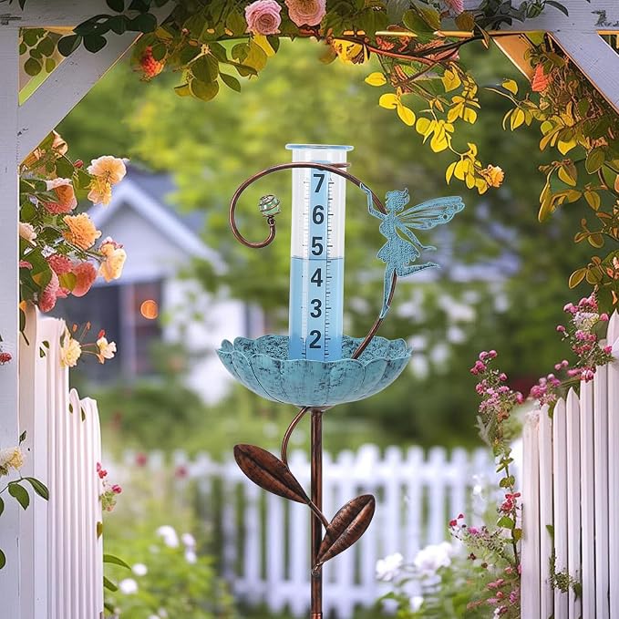 WONDER GARDEN Rain Gauge Outdoor, Decorative Fairy Rain Gauges Outdoors Best Rated, Freeze Proof Glass Water Rain Measure Gauge with Bird Feeder for Yard Patio Lawn Decor