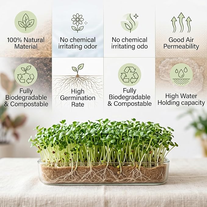 10" x 236" Organic Microgreens Growing Mat, Natural Jute Fiber Grow mats, Organic Hydroponic Pads, Breathable Grass Seed mat for Germination Trays, Wheatgrass Sprouts Microgreen, Seed Starter