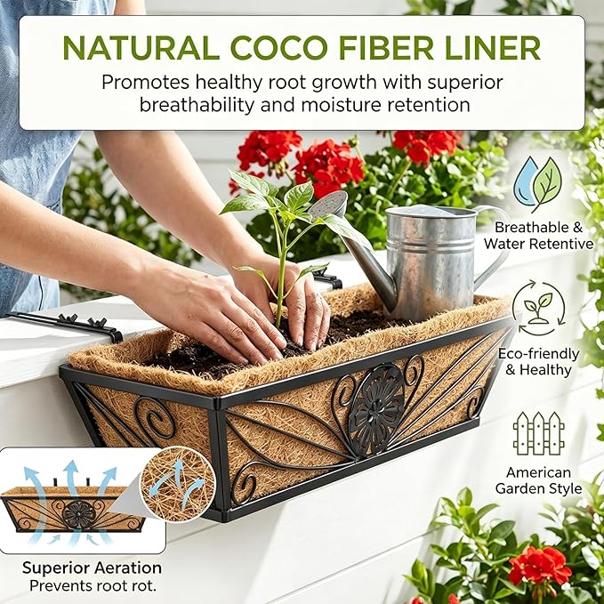 4 Pack 24 Inch Railing Planter Boxes with Coco Liner, Floral Scroll Metal Window Box Planters for Outdoor Plants, Black Hanging Window Baskets for Garden, Patio, Balcony Railing Decor