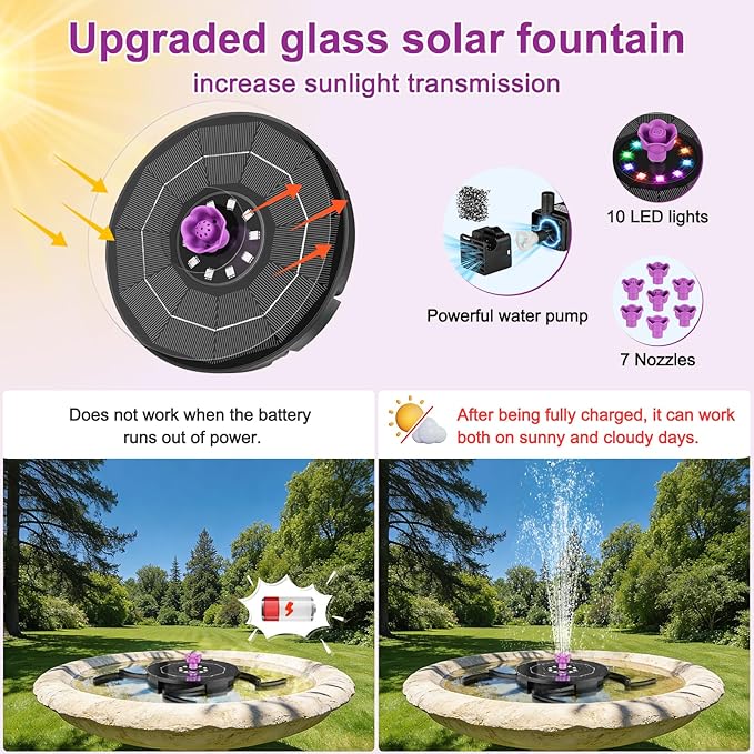 Solar Fountain Pump with 2000mah Battery & Works in Cloudy Day, Glass Solar Water Fountain with 10 LED Lights, 7 Nozzles and 3 Spray Height Adjustment, Solar Bird Bath Fountains for Garden, Pool, Pond
