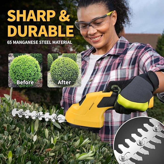 FULLYEA Cordless Grass Shear Hedge Trimmer, 2 in 1 Lightweight Electric Grass Trimmers, 2.0Ah Battery, Type-C Cable Included, Handheld Shrub Trimmer Grass Cutter for Garden(Yellow)