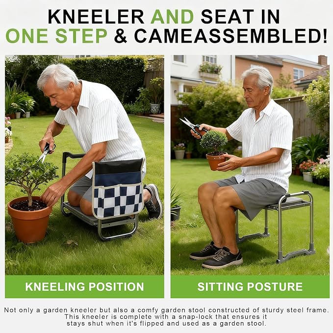 Garden Kneeler and Seat, Wider Thicker Kneeling Pad, Heavy Duty Garden Stool Includes Gardening Tools Pouch and Bag, Convertible Garden Bench Kneeling Chair/Gifts for Parents Women Seniors