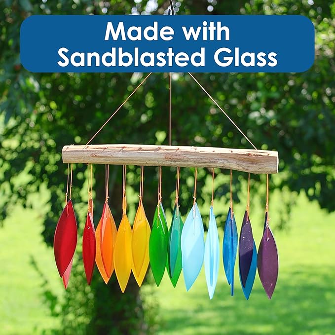 Blue Handworks Rainbow Glass Chime, Sandblasted Glass and Found Wood Handcrafted Wind Chime