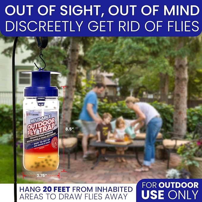 2 Fly Traps Outdoor Fly Trap for Patio with 4 Non-Toxic Dissolvable Bait Refills and 12 Sticky Ribbons. Reusable Hanging Bug Catcher Killer for All Filth Flies for Outside Bug Control Yard Ranch